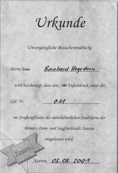 Beweisurkunde &uuml;ber den unverg&auml;nglichen Fu&szlig;abdruck seiner Durchlaucht in Xanten!